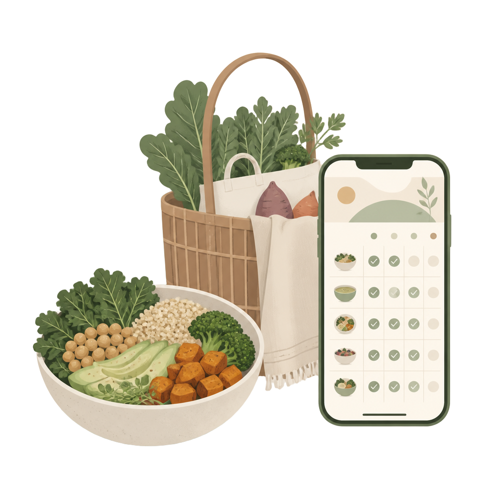 Illustration of a grain bowl, a basket of fresh groceries, and a phone showing a personalized grocery cart